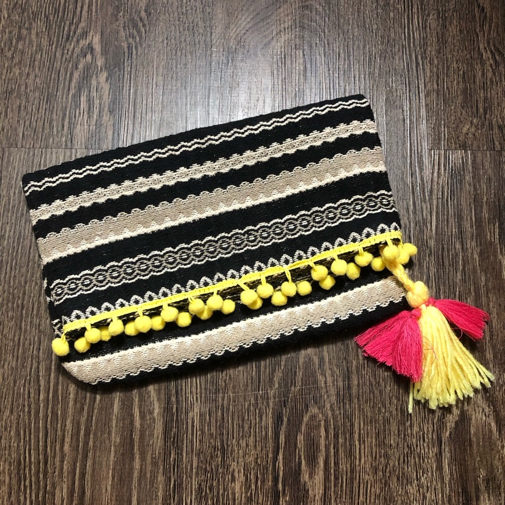 JustFab Woven Pom Pom Clutch